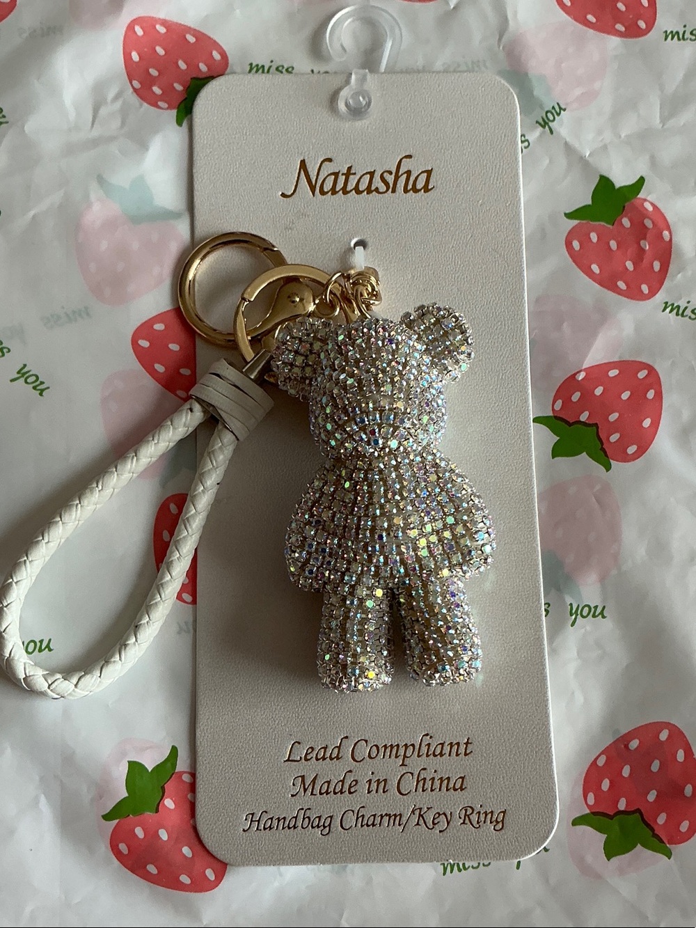 Natasha Couture Iridescent Crystal Teddy Bear Keychain with White Braided Strap